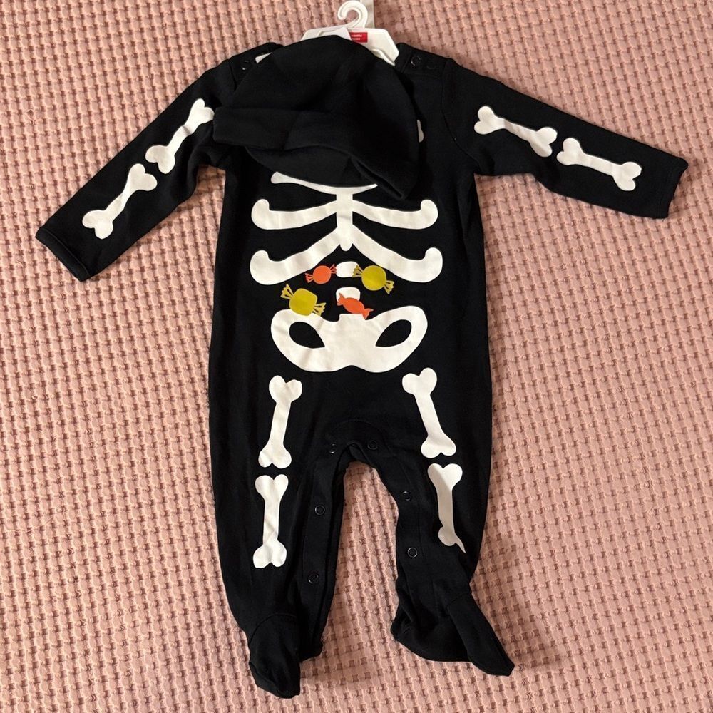 NWT Carter's Black Skeleton Footie with Candy Design and Hat